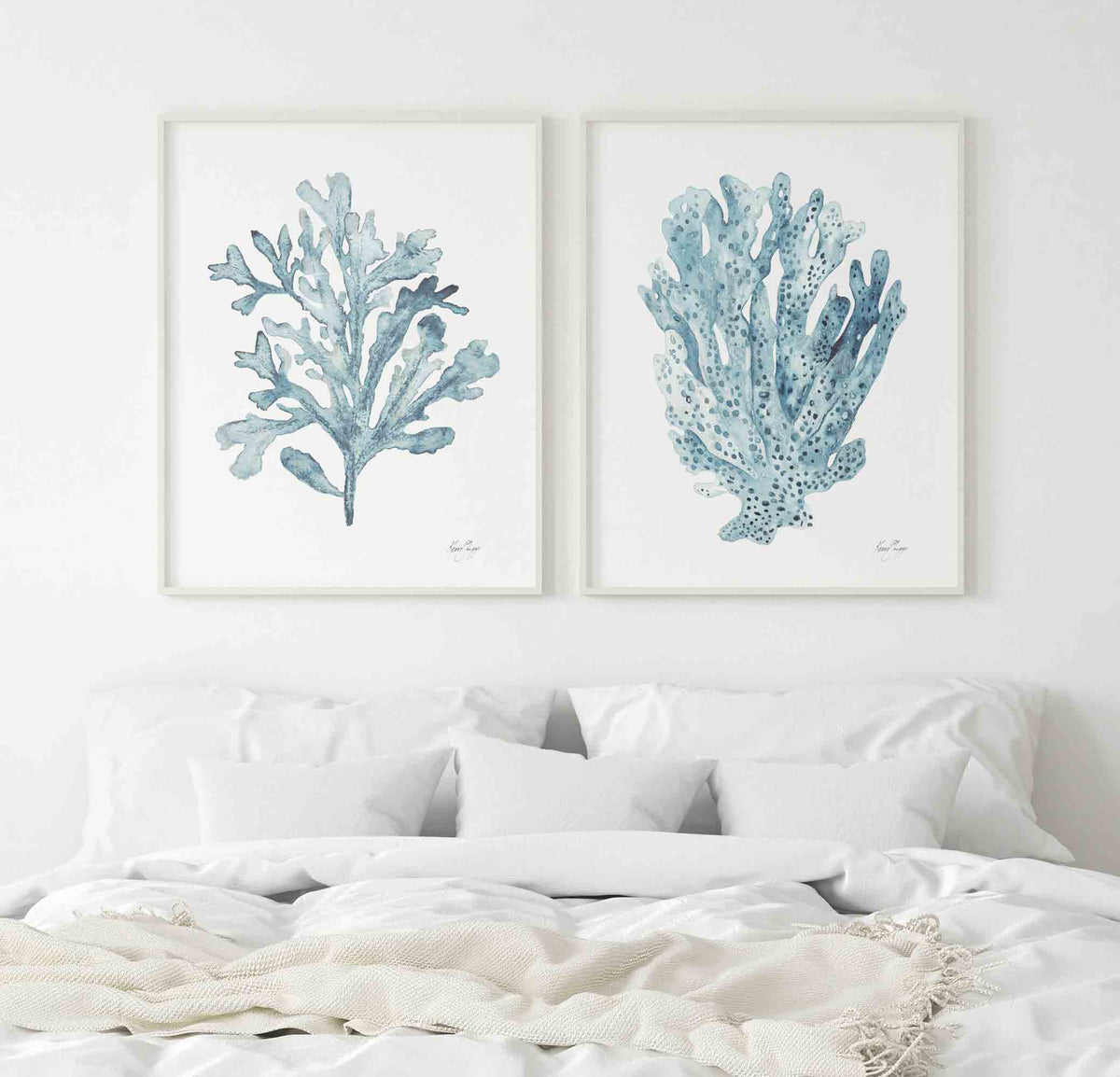 Aqua Sky Blue Coral Seaweed Set of 2 Wall Art Prints in Coastal Bedroom - Driftwood Interiors