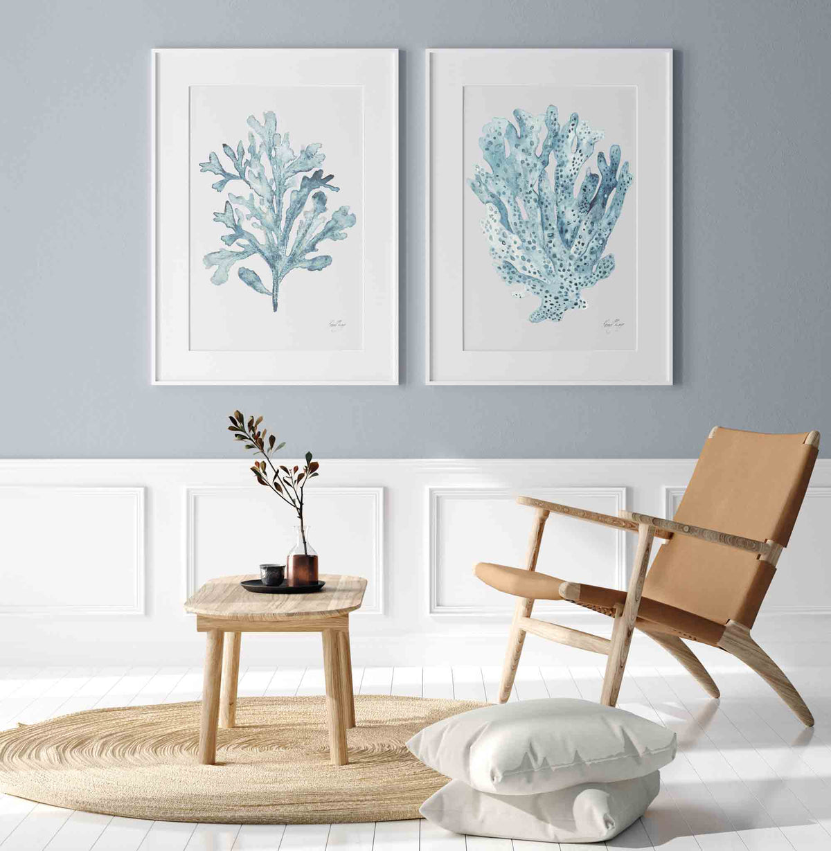 Aqua Sky Blue Coral Seaweed Set of 2 Wall Art Prints in Coastal Room - Driftwood Interiors