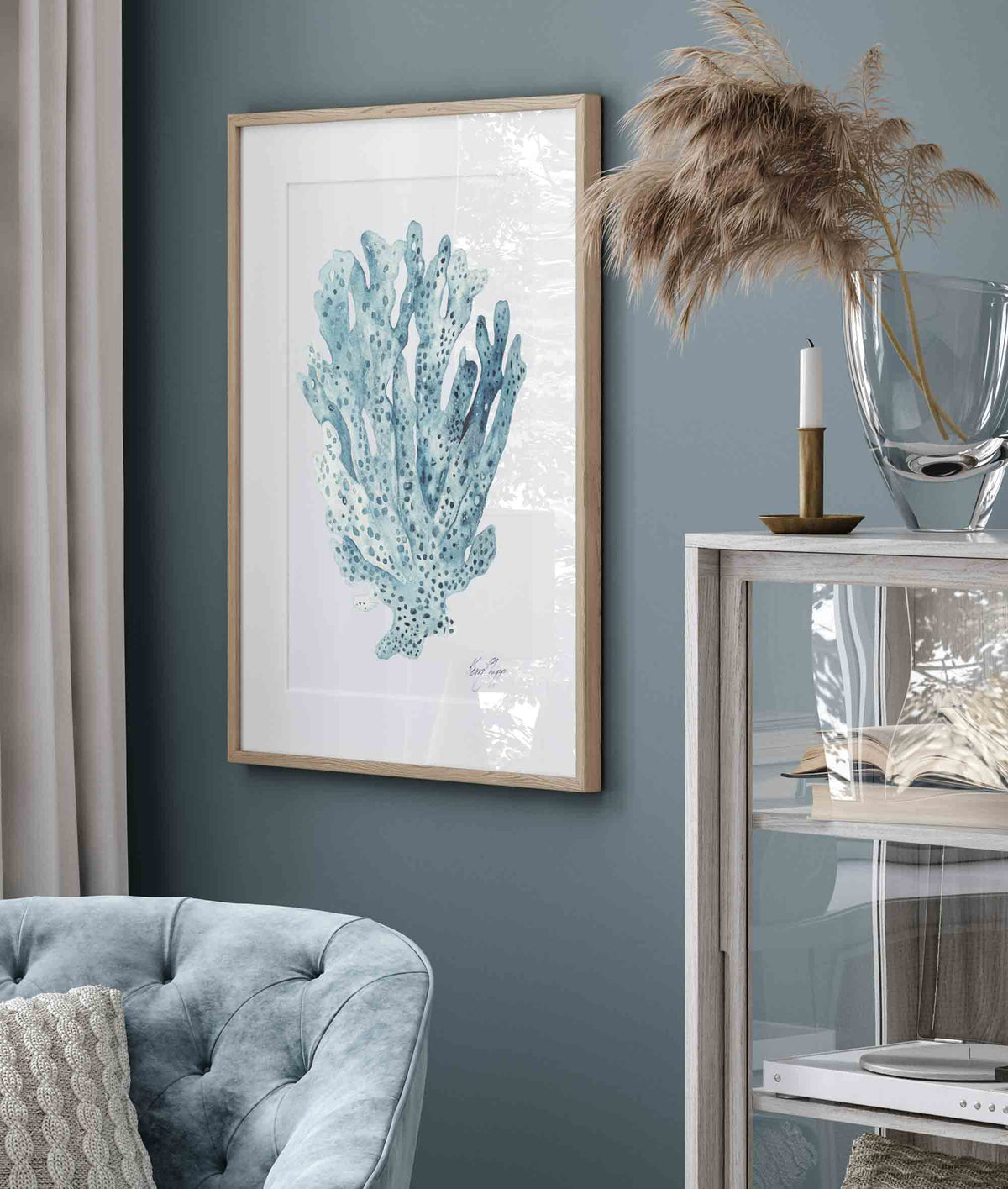 Aqua Sky Blue Coral Seaweed Set of 2 Wall Art Prints in Traditional Room - Driftwood Interiors