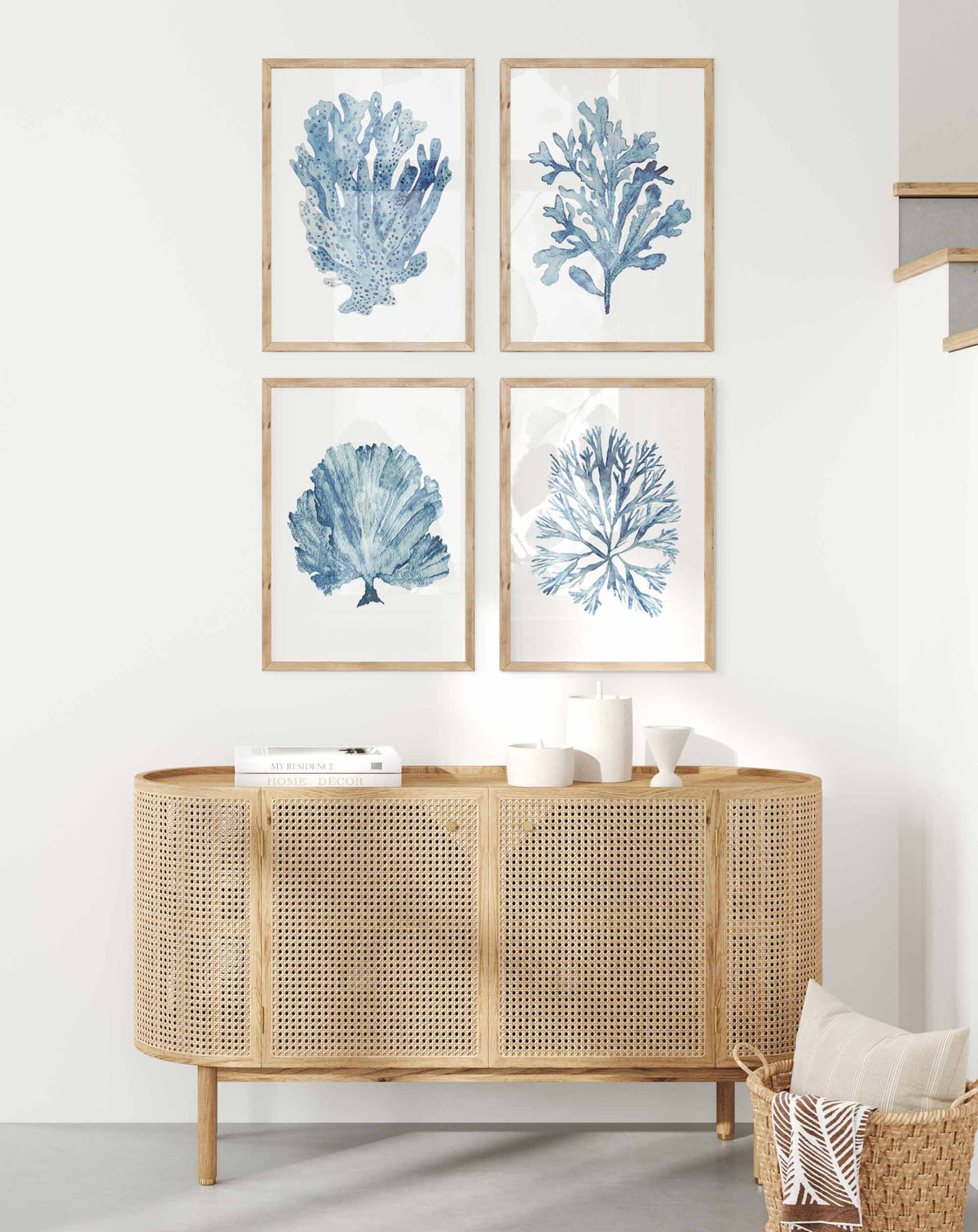 Sky Blue Coral Seaweed Set of 4 Wall Art Prints Portrait | Kerri Shipp Driftwood Interiors