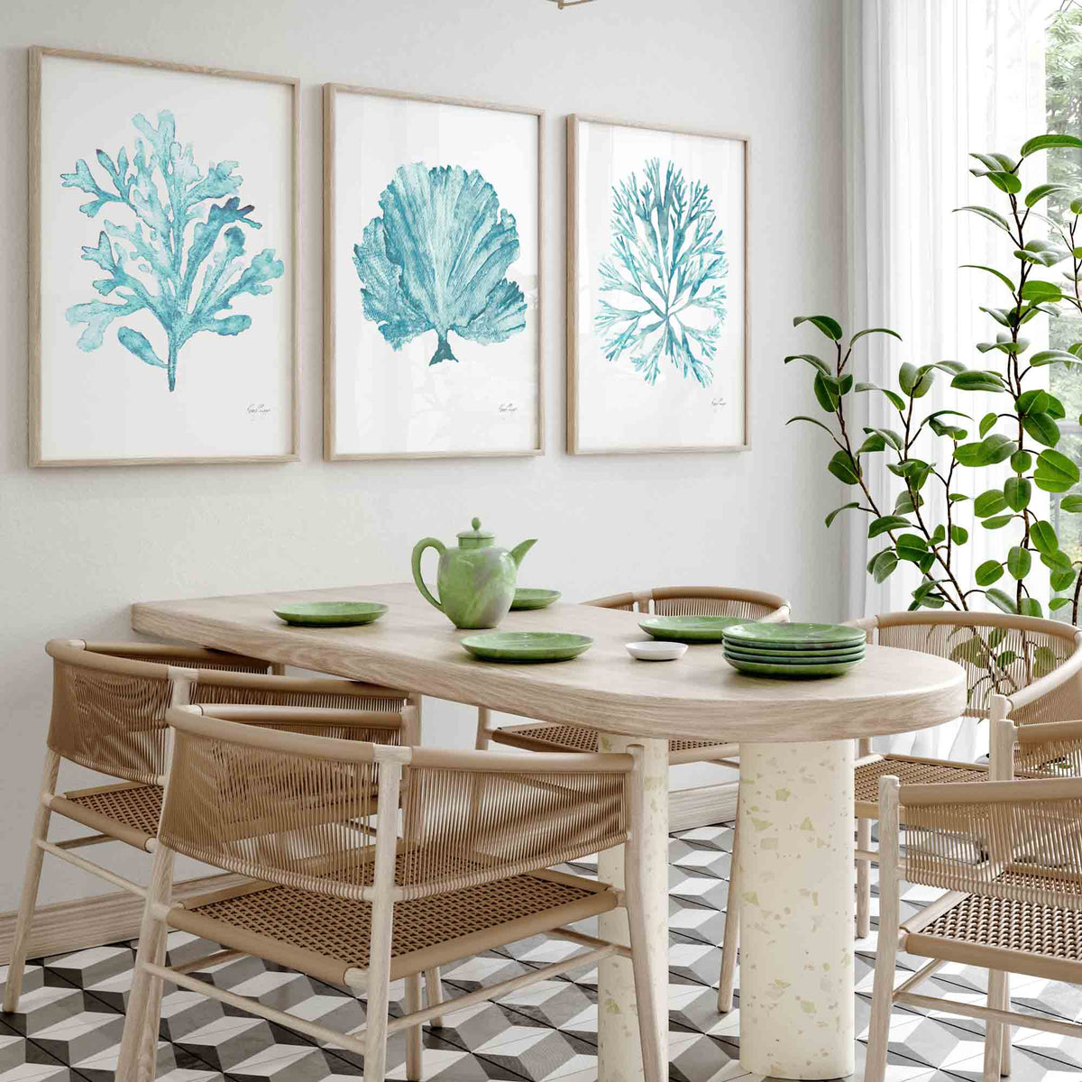 Coral Seaweed Set of 3 Prints in Teal Blue Green