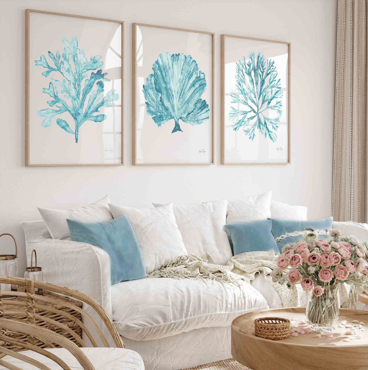 Coral Seaweed Set of 3 Prints in Teal Blue Green