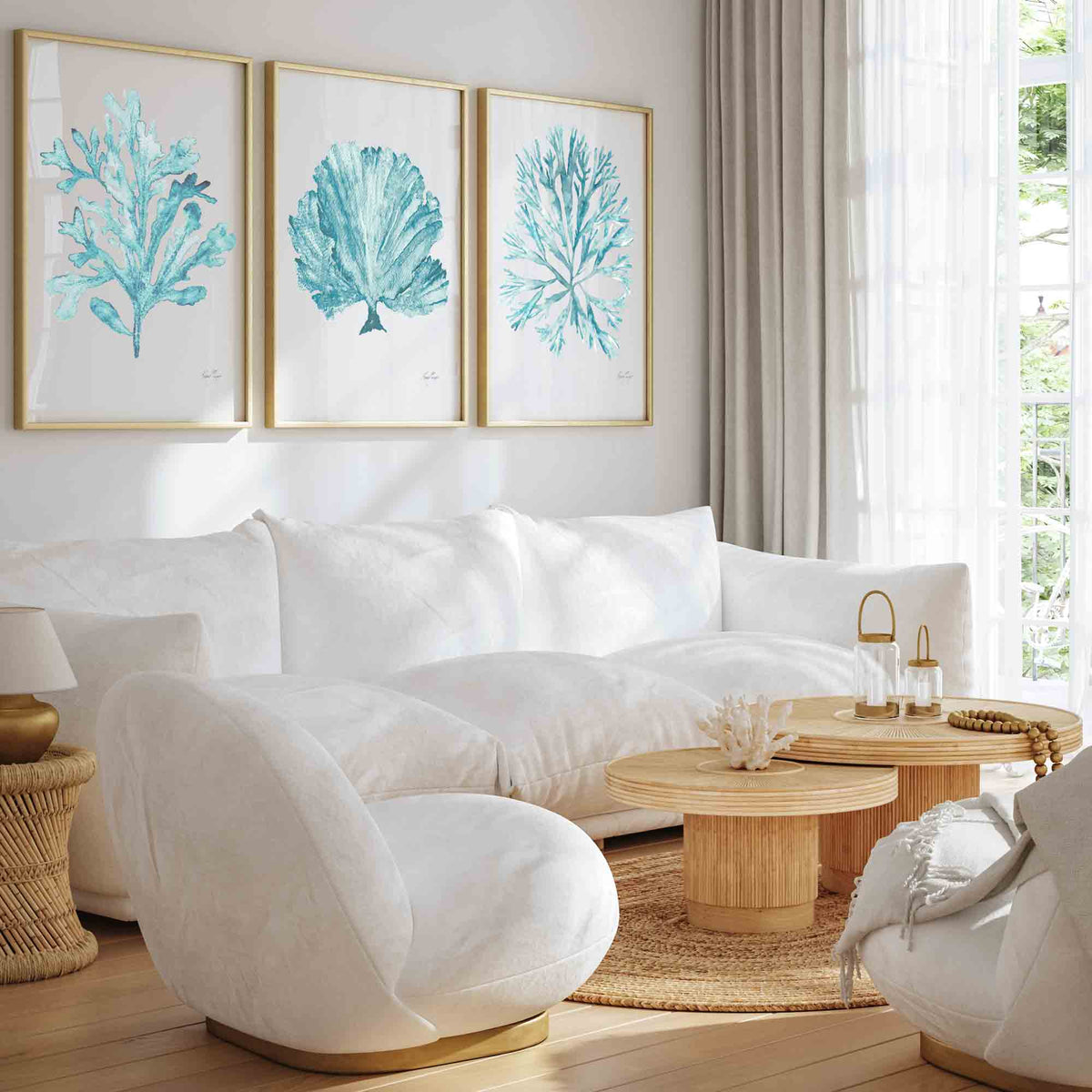 Coral Seaweed Set of 3 Prints in Teal Blue Green