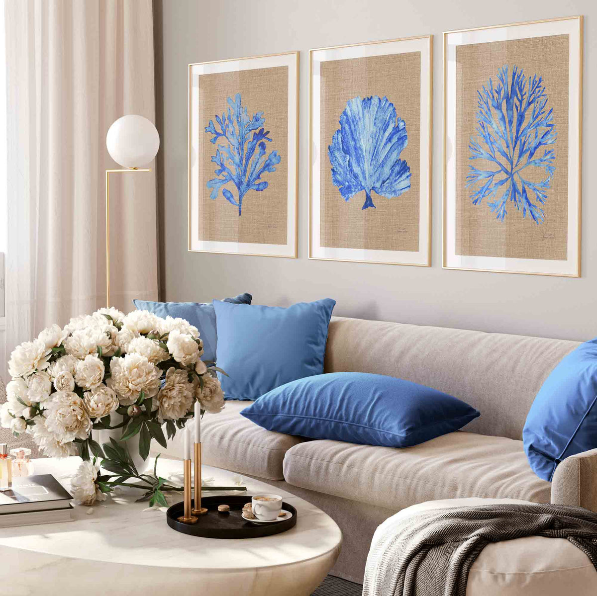 Coral Seaweed Set of 3 Prints in Cobalt Blue
