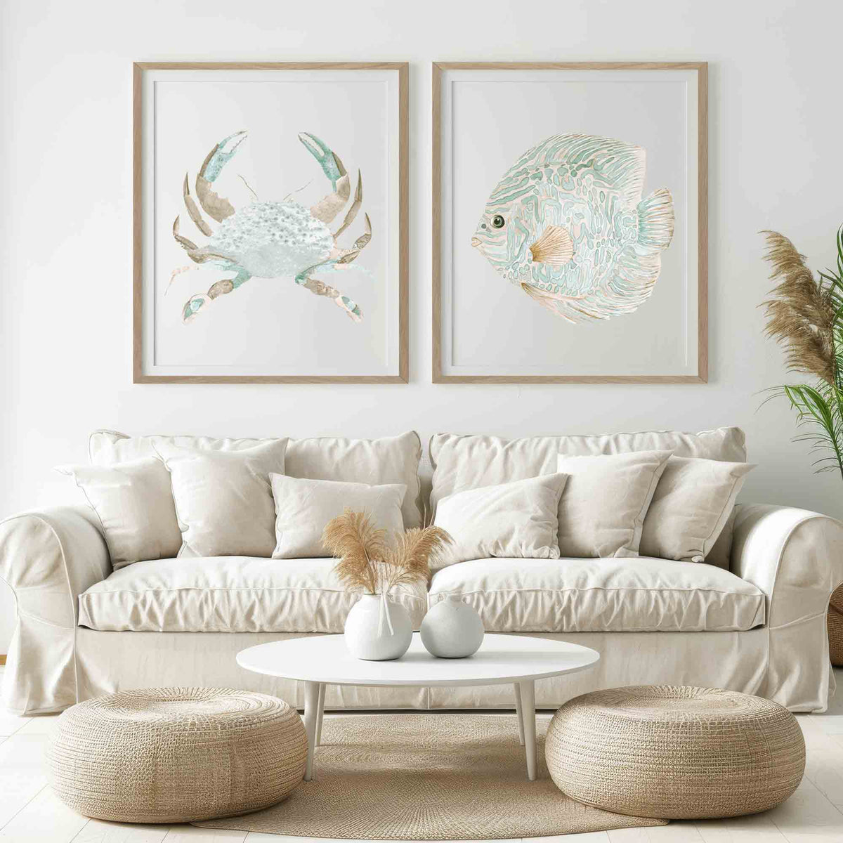 Green Beige Crab & Discus Fish Wall Art - Set of 2 Prints