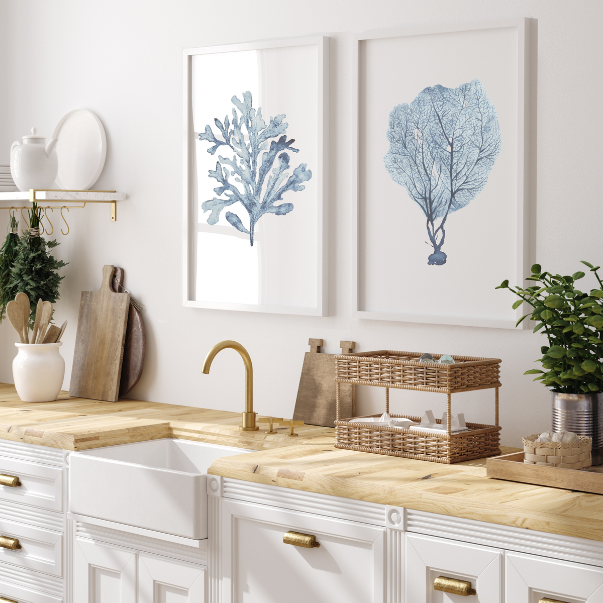 Coastal Wall Art | Muted Blue Coral Seaweed Print Set