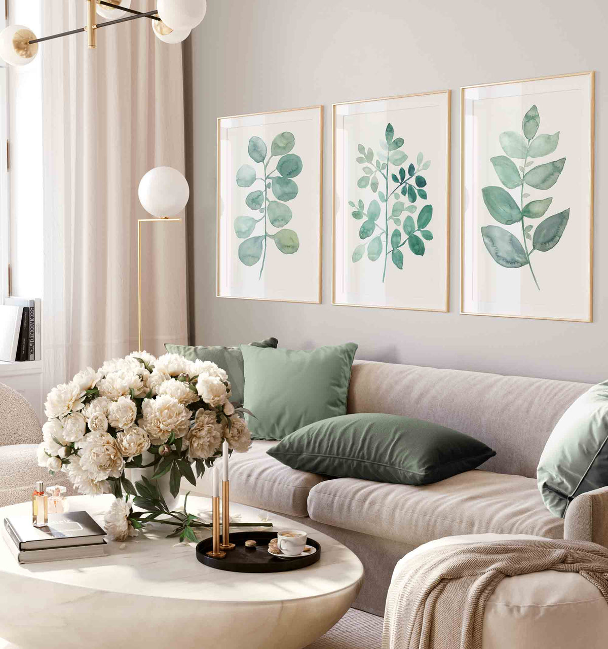 Set of 3 - Wall Art Print Set of 3 - Green Eucalypt Leaf Print Set in Living Room by Kerri Shipp