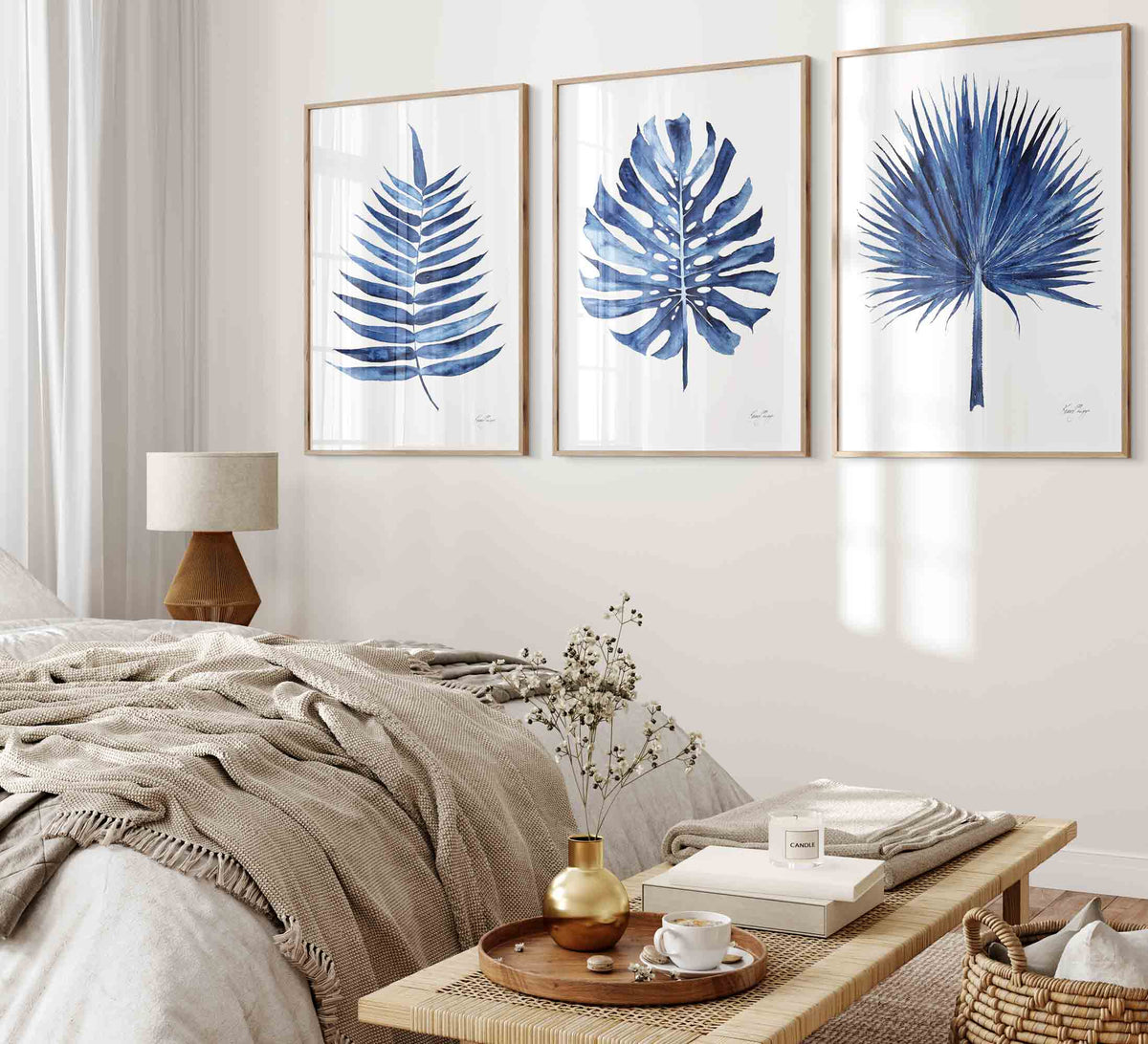Navy Blue Wall Art Prints Set of 3 Tropical Leaves in Hamptons Bedroom - Driftwood Interiors