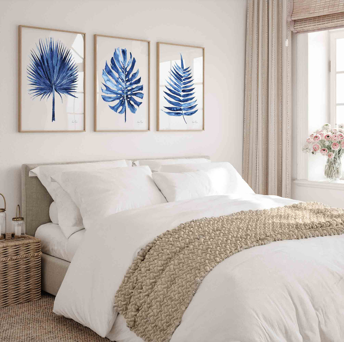 Navy Blue Wall Art Prints Set of 3 Tropical Leaves in Bedoom - Driftwood Interiors