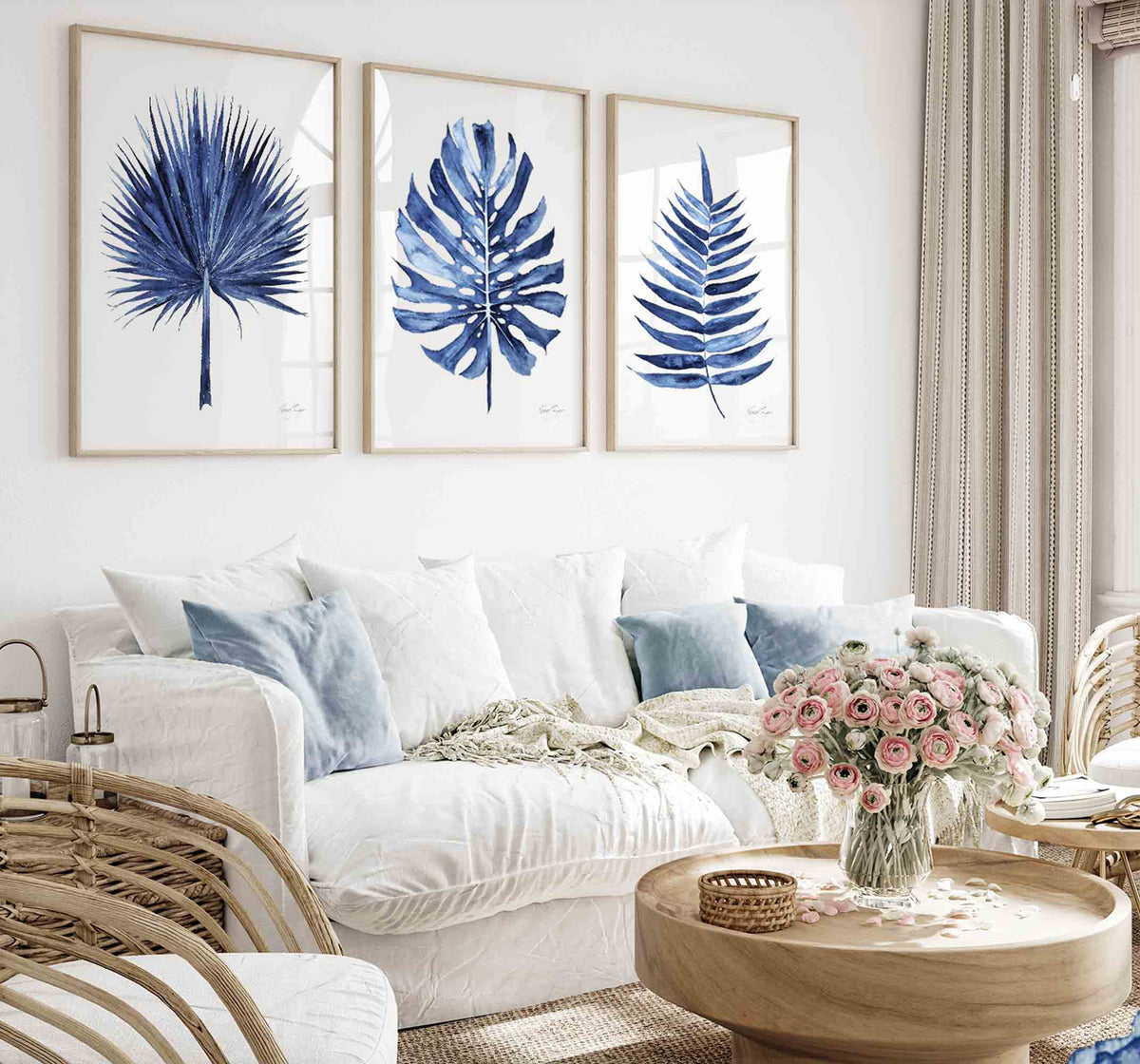 Navy Blue Wall Art Prints Set of 3 Tropical Leaves in Living Room - Driftwood Interiors