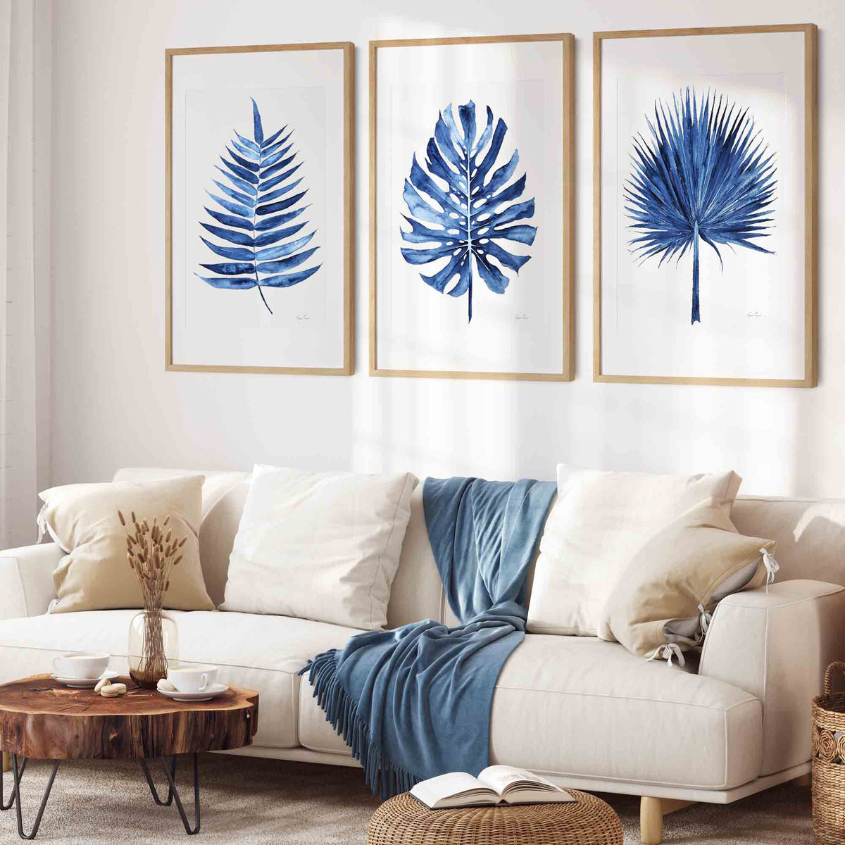 Navy Blue Wall Art Prints Set of 3 Tropical Leaves in Hamptons Living Room - Driftwood Interiors