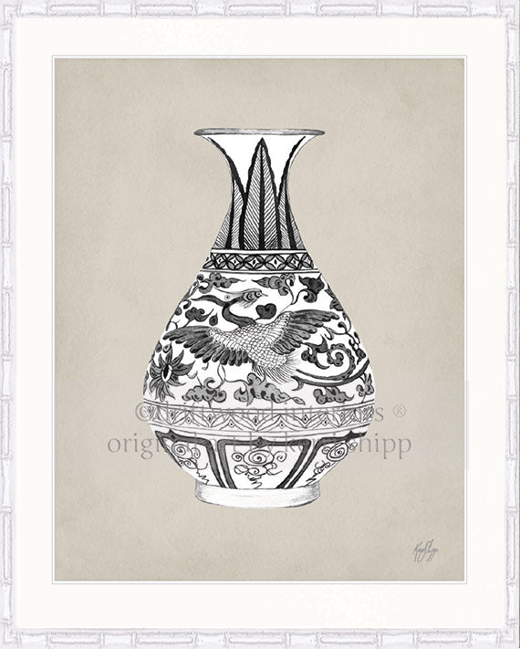 Designer Boys Art - Amesbury Decorative Vase XX Art Print in White Bamboo Frame -Driftwood Interiors