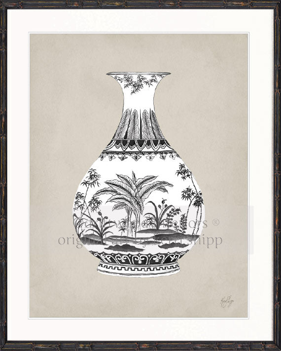 Designer Boys Art - Amesbury Decorative Vase Print XXI in black bamboo frame - Driftwood Interiors