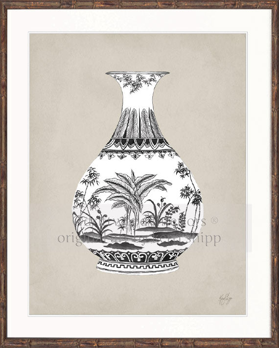 Designer Boys Art - Amesbury Decorative Vase Print XXI in brown bamboo frame - Driftwood Interiors