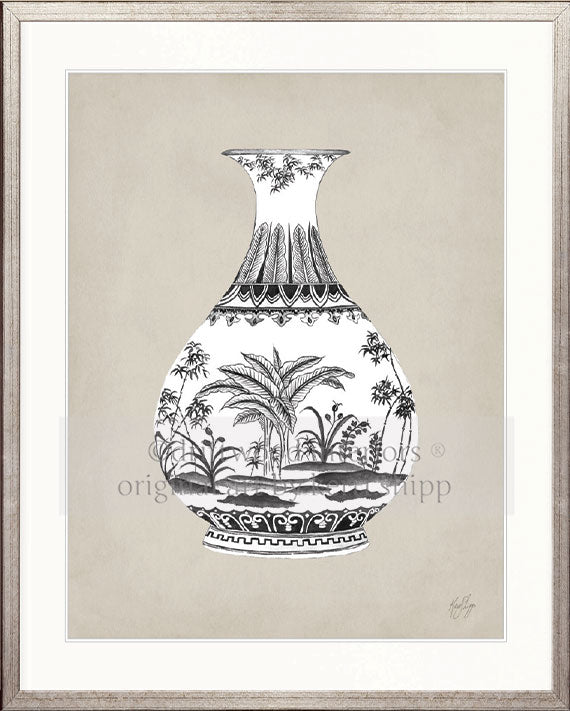Designer Boys Art - Amesbury Decorative Vase Print XXI in silver square frame - Driftwood Interiors