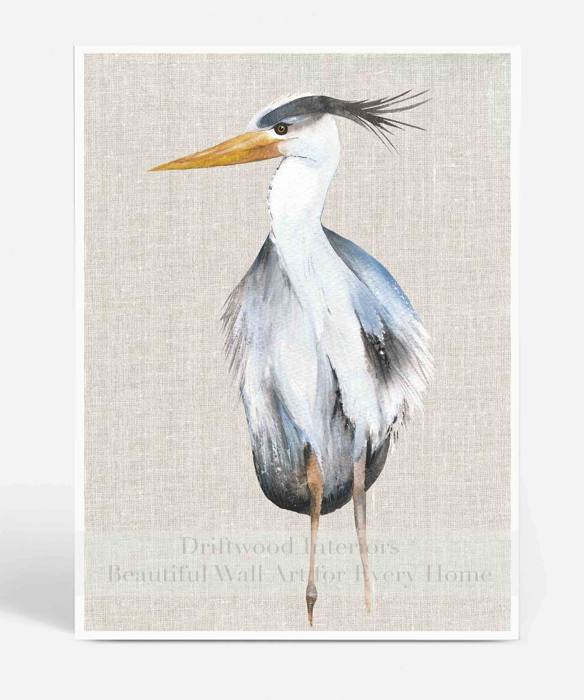 Great Blue Heron Wall Art Print II on Linen Background | Watercolour Bird | Driftwood Interiors
