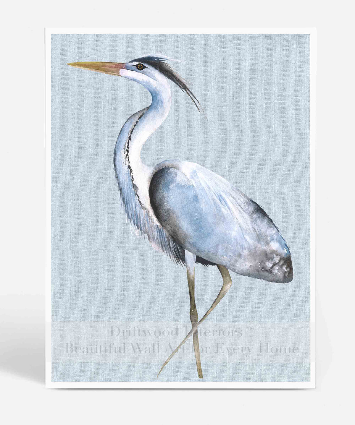 Great Blue Heron III Wall Art Print on Blue Linen Background | Driftwood Interiors