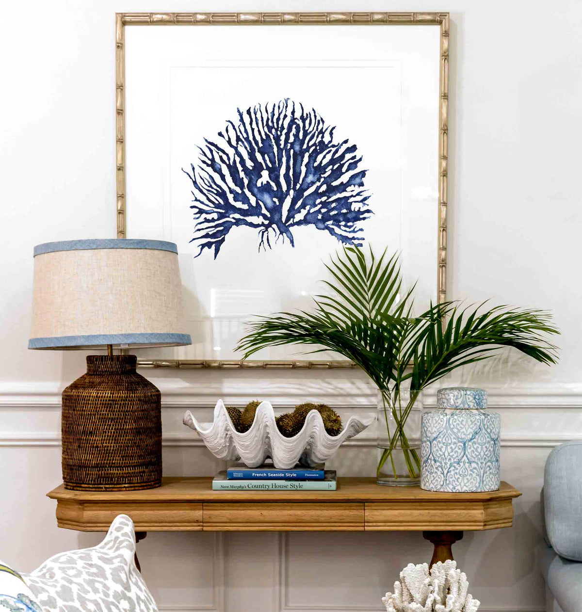 Blue Coral Wall Art Print in Hamptons Living Room - Kerri Shipp Driftwood Interiors