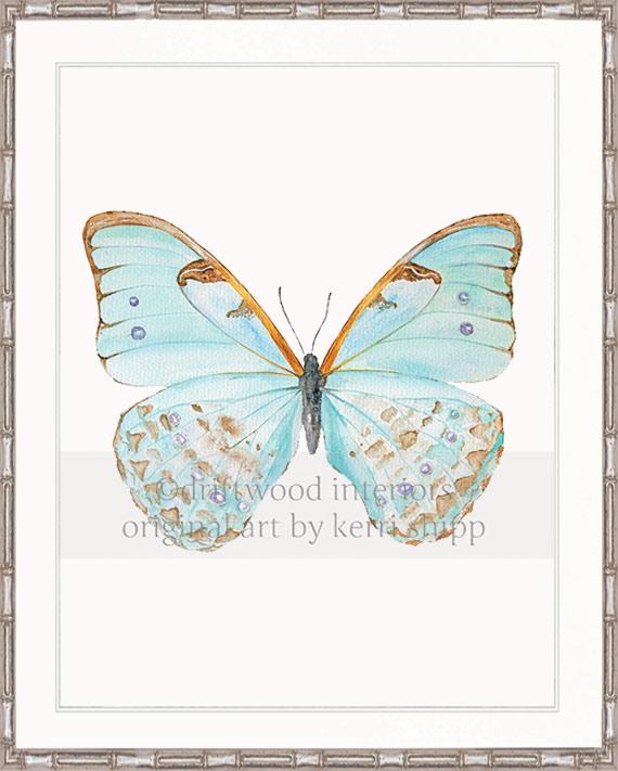 Butterfly Art in Celadon Blue in silver bamboo frame - Driftwood Interiors