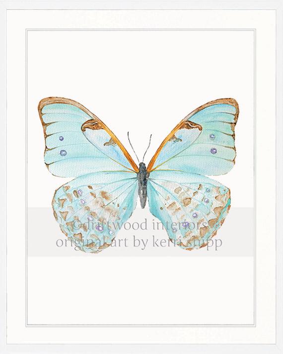 Butterfly Art in Celadon Blue in white timber frame - Driftwood Interiors