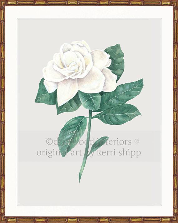 Wall art print - Gardenia Flower Print antique background in gold Bamboo Frame Driftwood Interiors