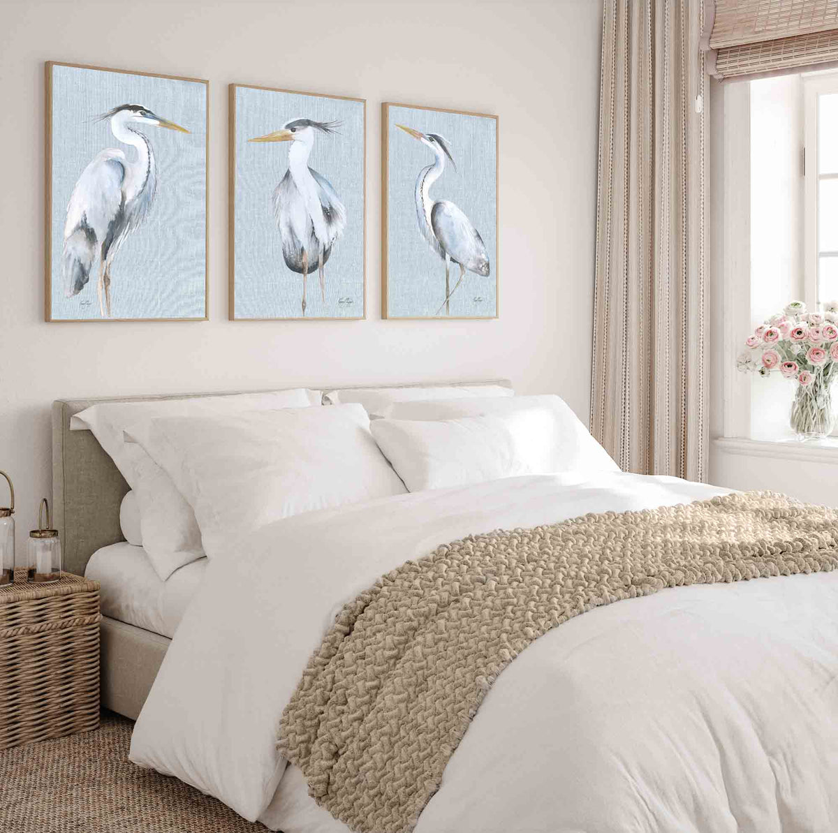 Set of 3 Great Blue Heron Wall Art Prints | Watercolour Bird Set in Bedroom | Driftwood Interiors