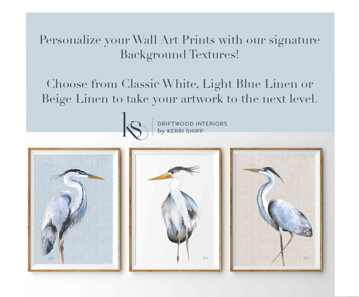 Set of 3 Great Blue Heron Wall Art Prints | Watercolour Bird Set | Driftwood Interiors