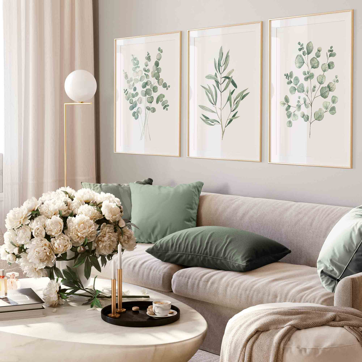 Eucalyptus Bundle & Olive Branch Wall Art Print Set in Traditional Living Room | Driftwood Interiors