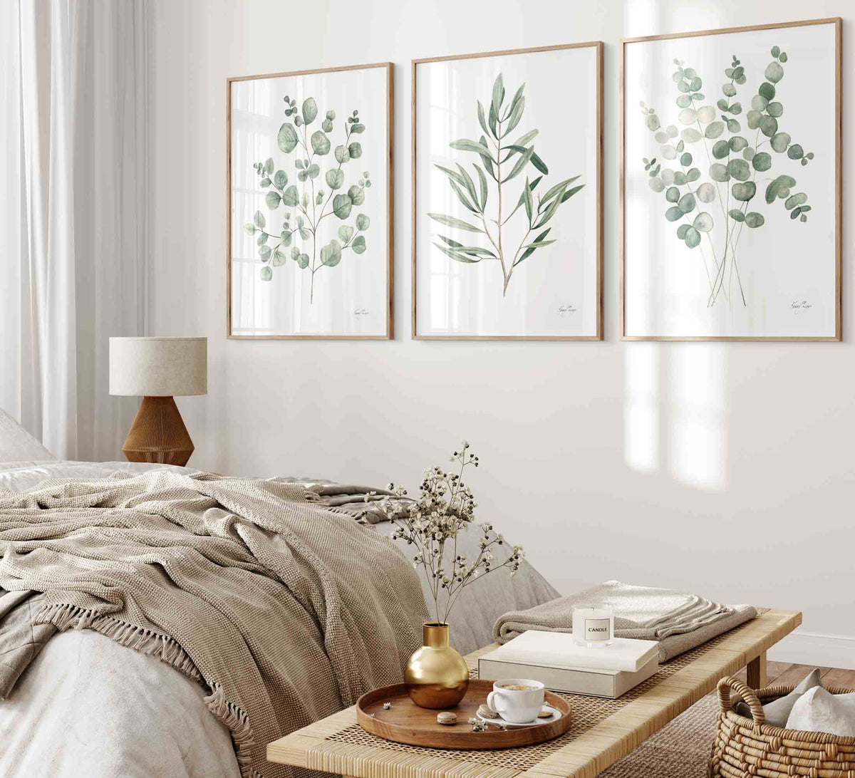 Eucalyptus Bundle & Olive Branch Wall Art Print Set in Bedoom | Driftwood Interiors