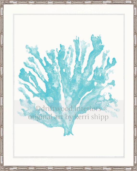 Coral Wall Art - Turquoise Sea Coral Print in silver bamboo frame by Driftwood Interiors