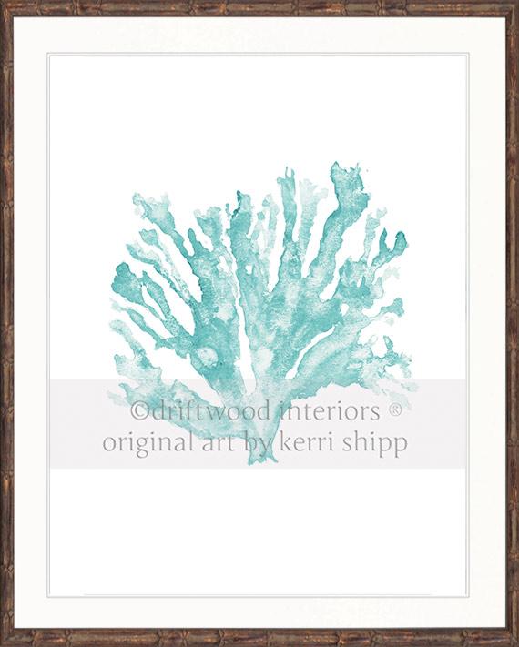 Coral Wall Art Print - Sea Coral In Woodlawn Green in brown bamboo frame - Driftwood Interiors