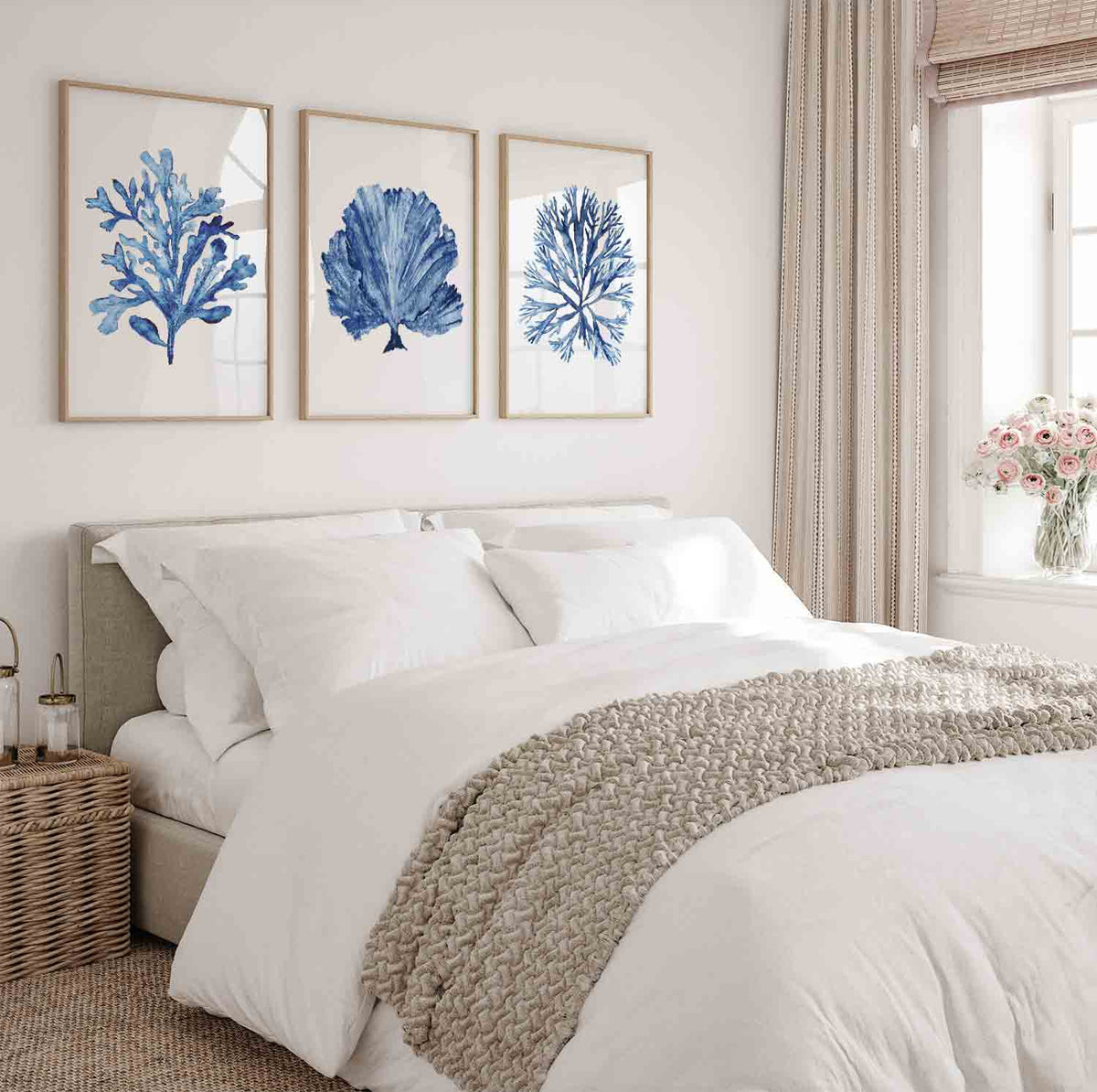 Set of 3 Wall Art Prints - Blue Coral Wall Art Set in Bedroom - Driftwood Interiors