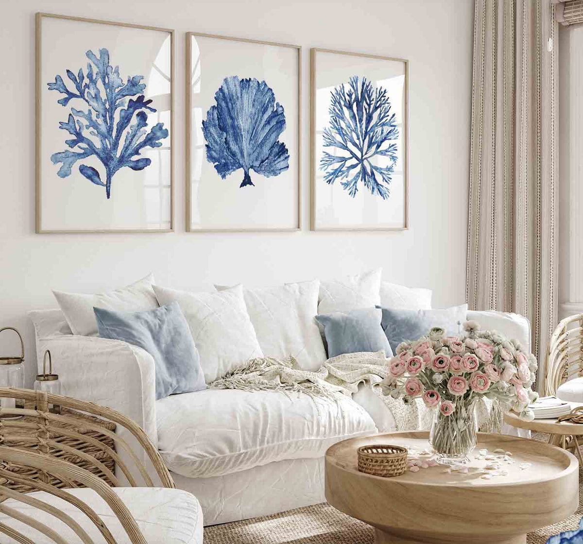 Set of 3 Wall Art Prints - Blue Coral Wall Art Set in Living Room - Driftwood Interiors
