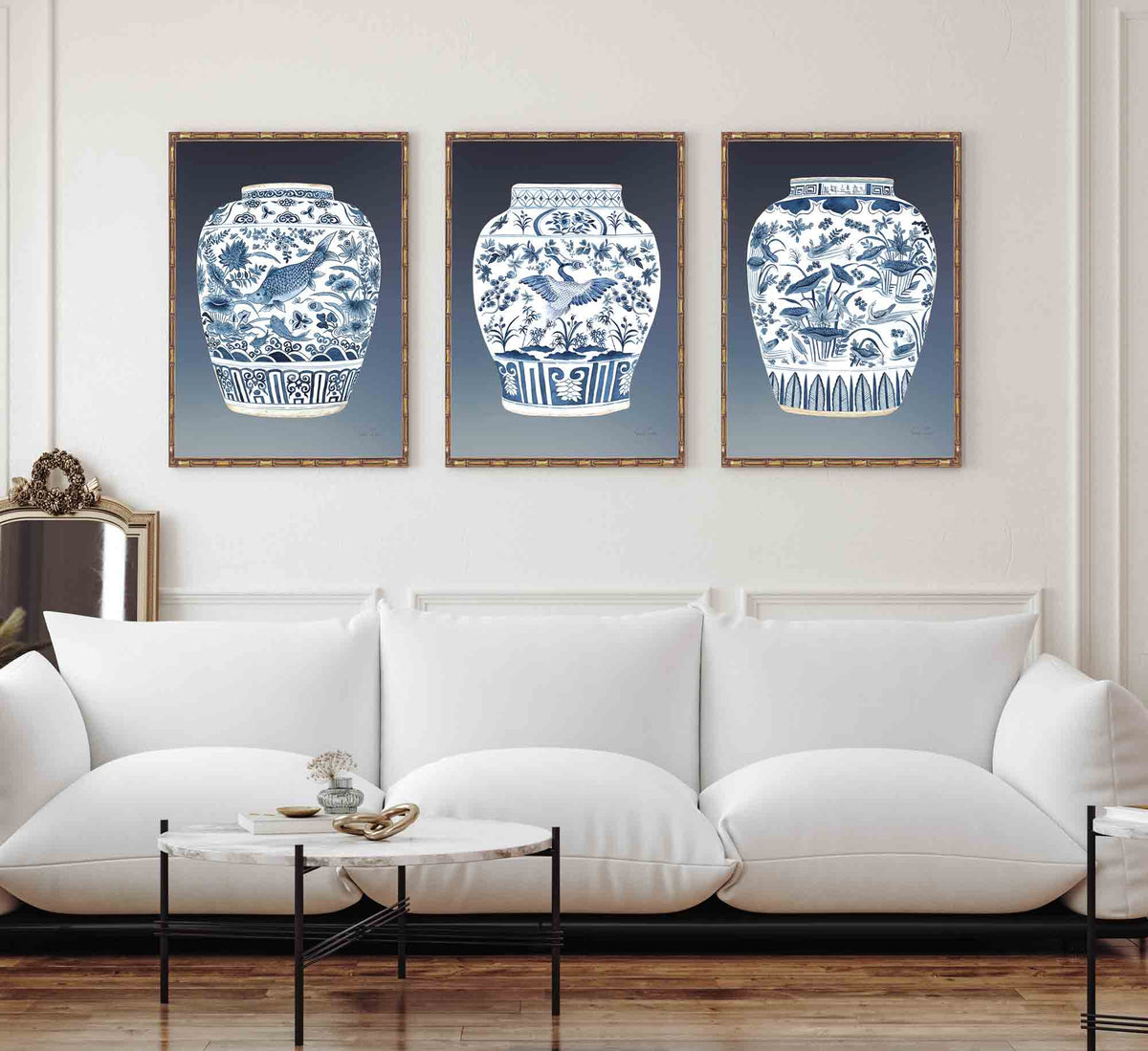 Set of 3 Wall Art Prints - 3 Piece Set - Navy Blue Ginger Jar Print Set by Driftwood Interiors