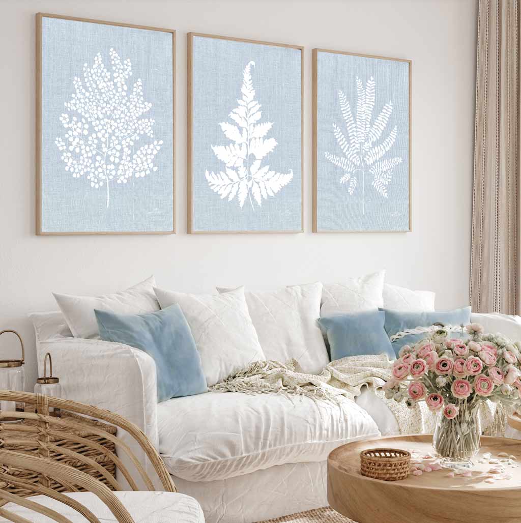 Set of 3 Wall Art Prints - 3 Piece Set of White Ferns on Blue Linen Background - Driftwood Interiors