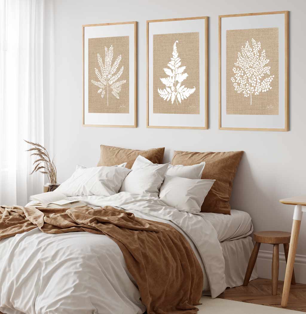 Set of 3 White Fern Wall Art Prints on Dark Linen Background in Bedroom - Driftwood Interiors