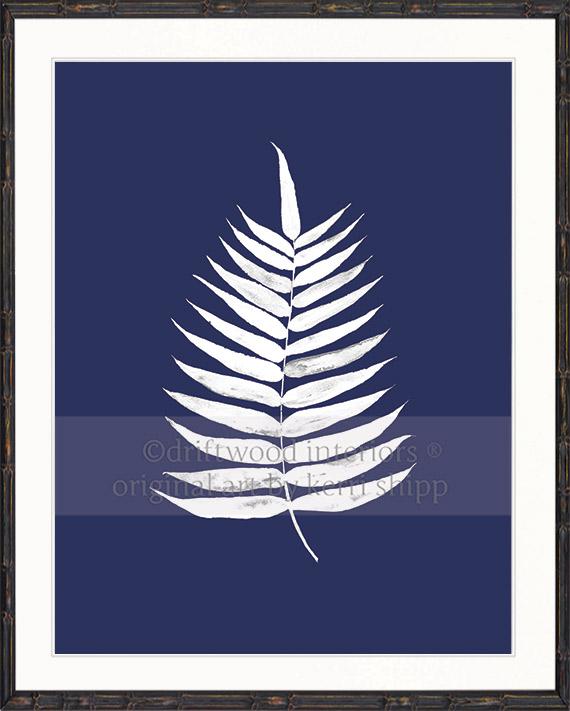 White Palm Leaf Print on Denim Background