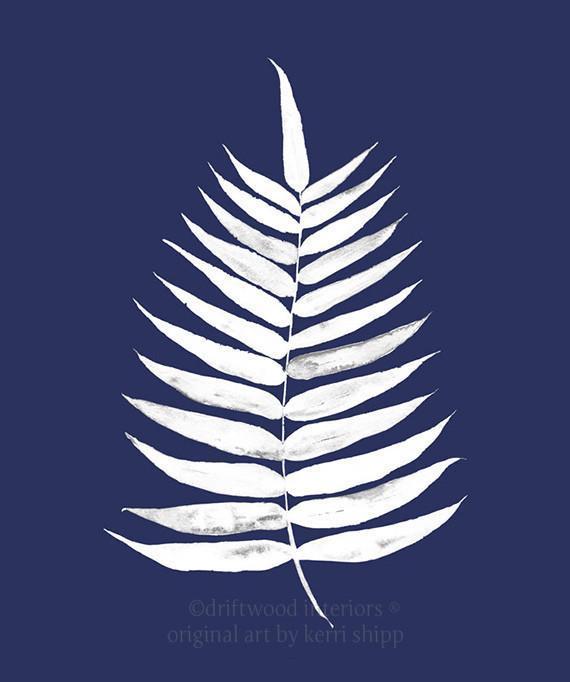 White Palm Leaf Print on Denim Background - Driftwood Interiors