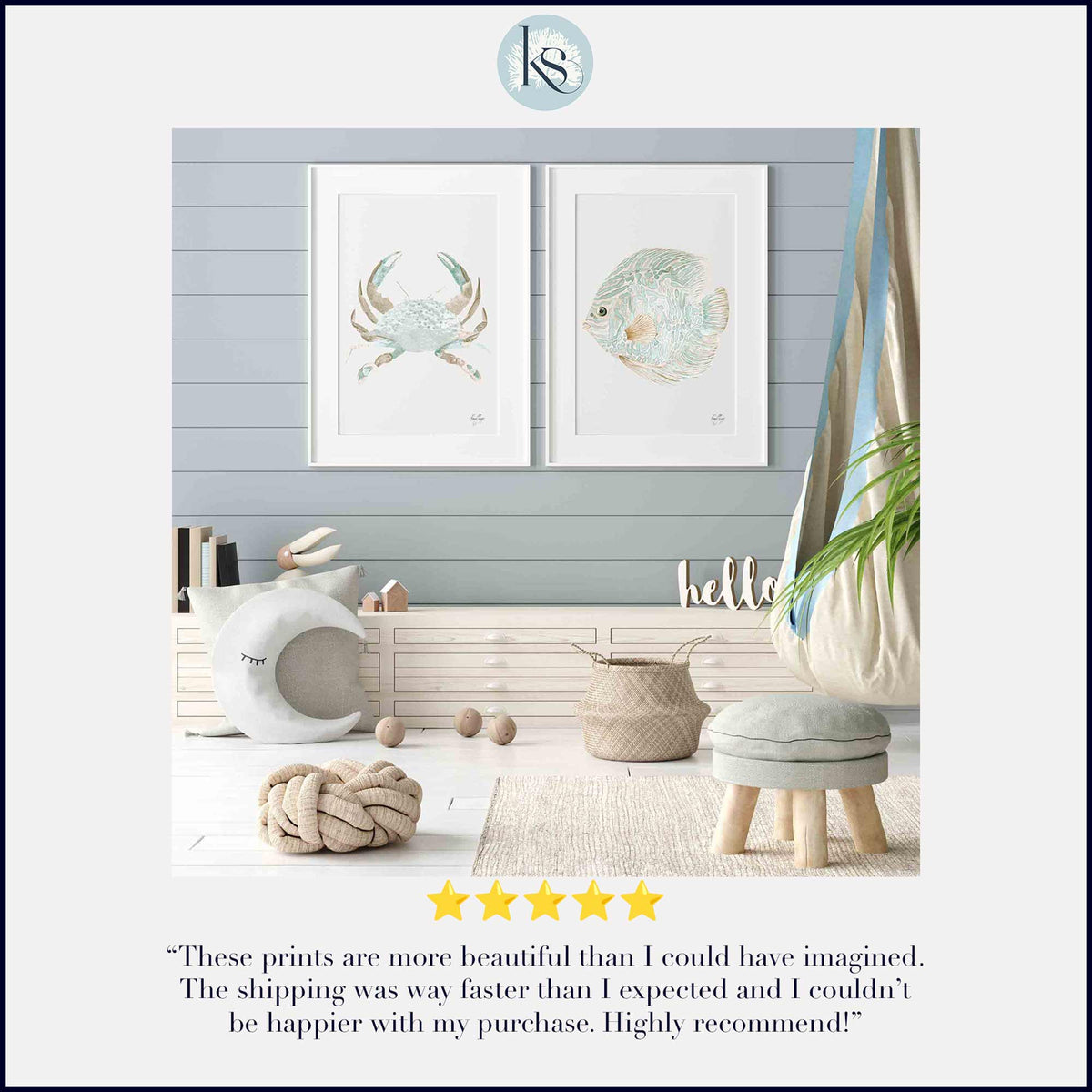 Green Beige Crab &amp; Discus Fish Wall Art - Set of 2 Prints