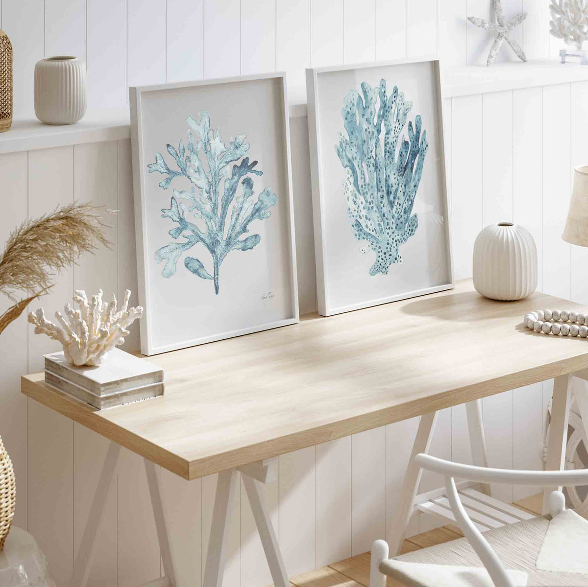 Aqua Sky Blue Coral Seaweed Set of 2 Wall Art Prints in Study - Driftwood Interiors