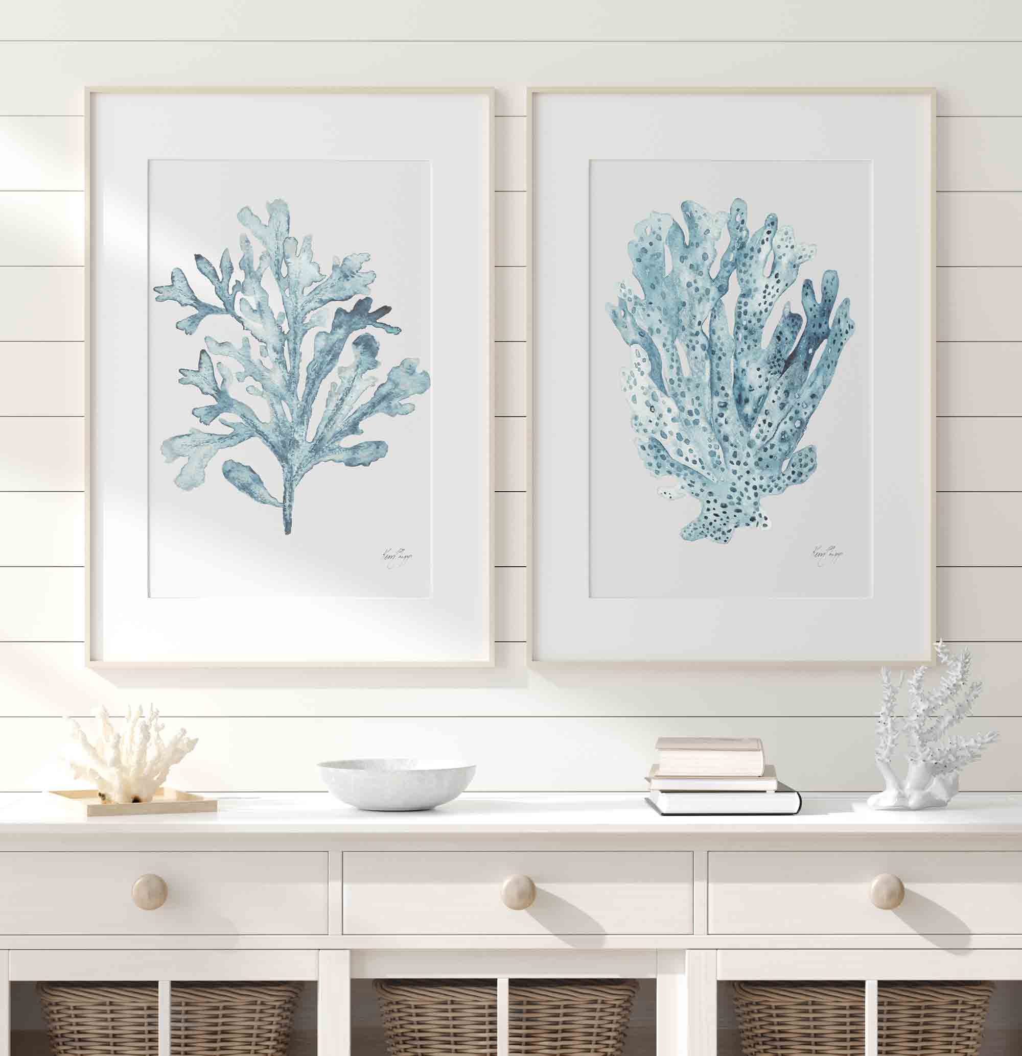 Aqua Sky Blue Coral Seaweed Set of 2 Wall Art Prints in Hamptons Room - Driftwood Interiors