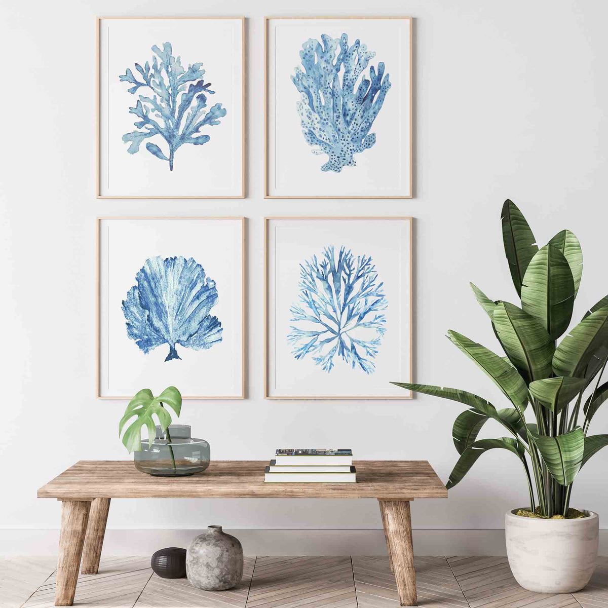 Sky Blue Coral Seaweed Set of 4 Wall Art Prints in Boho Interior | Kerri Shipp Driftwood Interiors