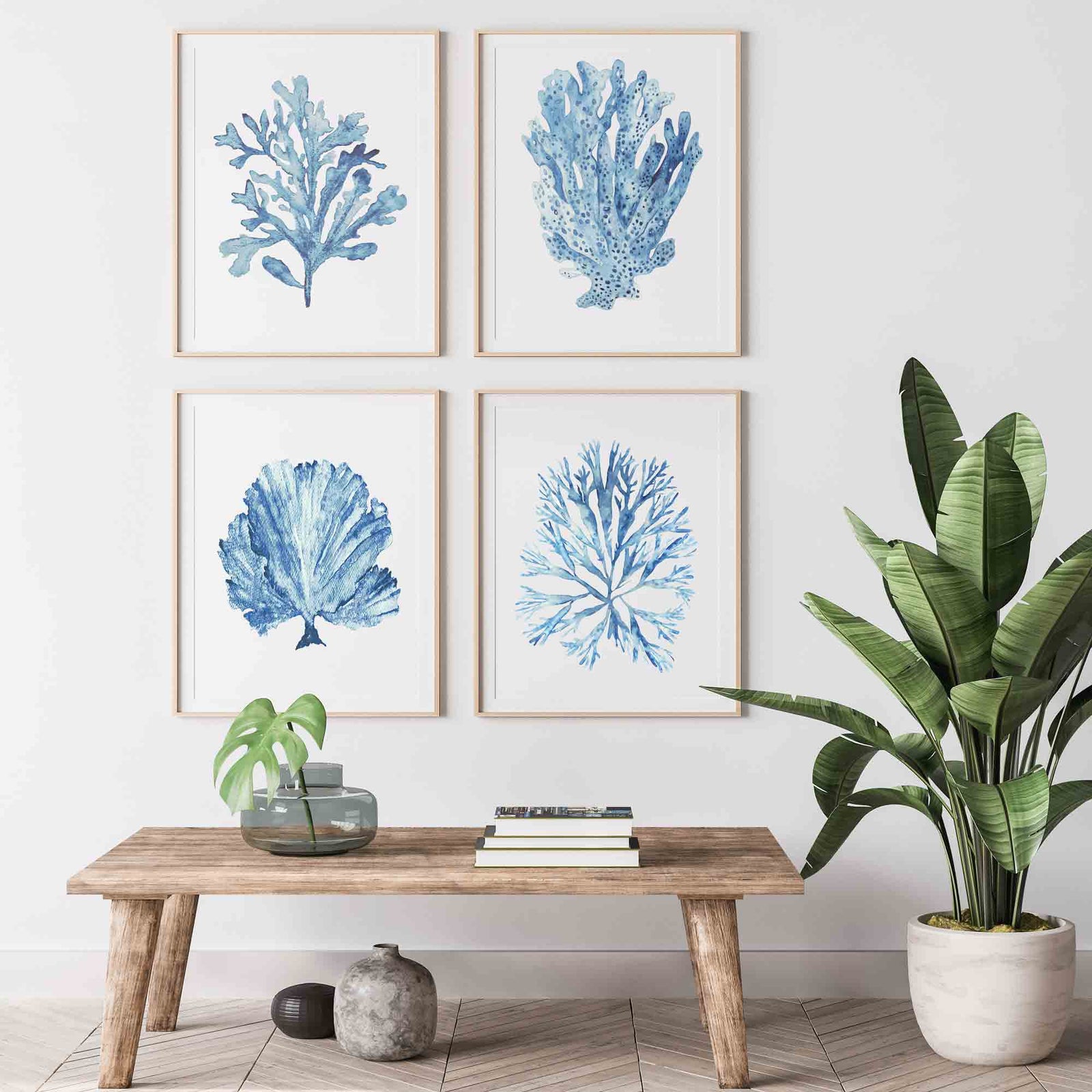 Sky Blue Coral Seaweed Set of 4 Wall Art Prints in Boho Interior | Kerri Shipp Driftwood Interiors