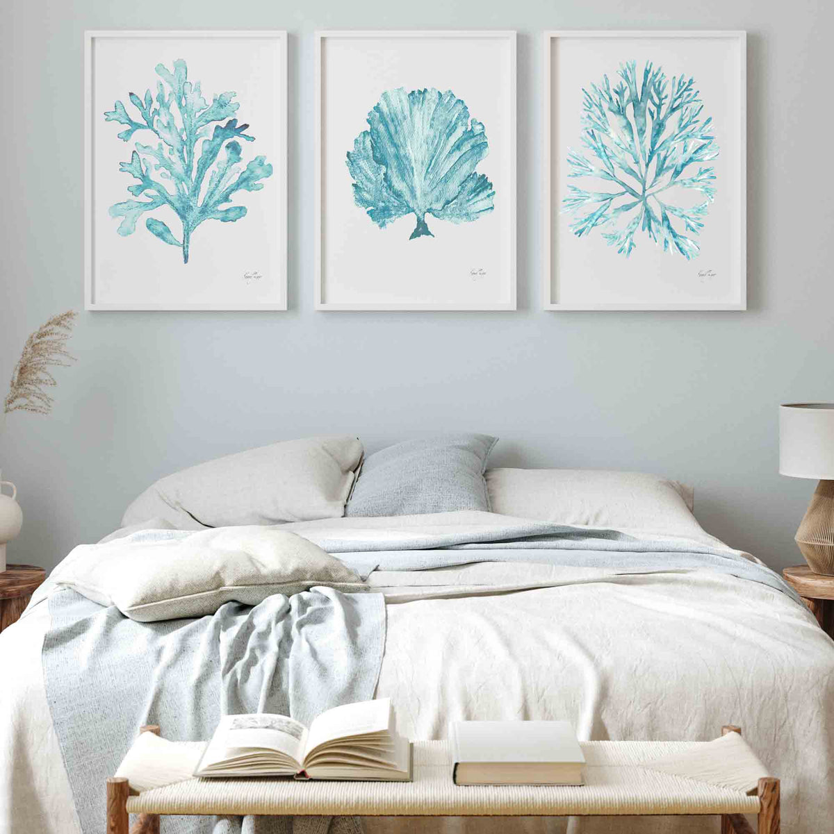 Coral Seaweed Set of 3 Prints in Teal Blue Green