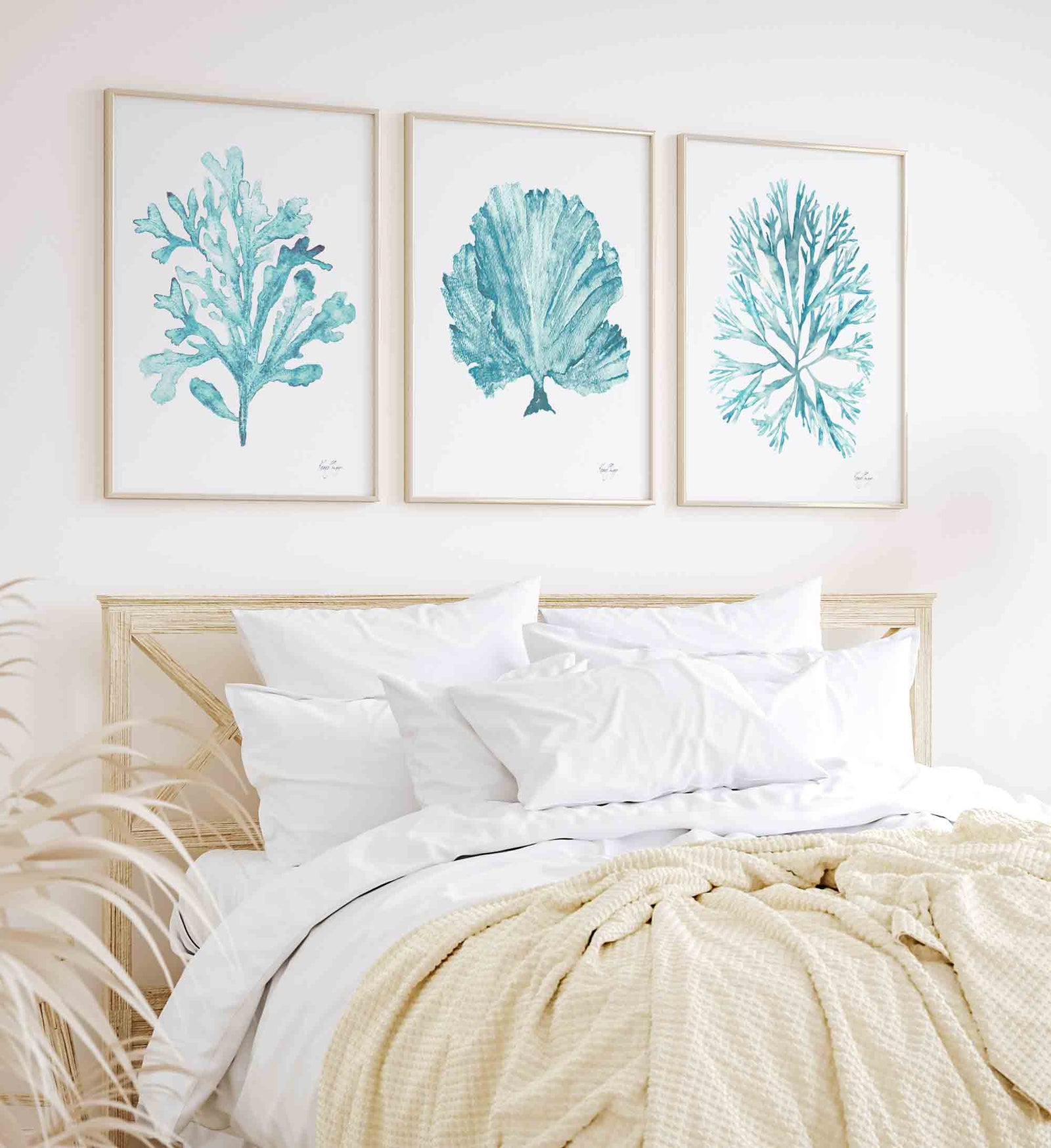 Coral Seaweed Set of 3 Prints in Teal Blue Green