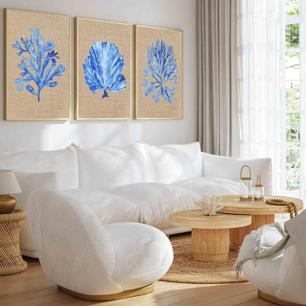 Coral Seaweed Set of 3 Prints in Cobalt Blue