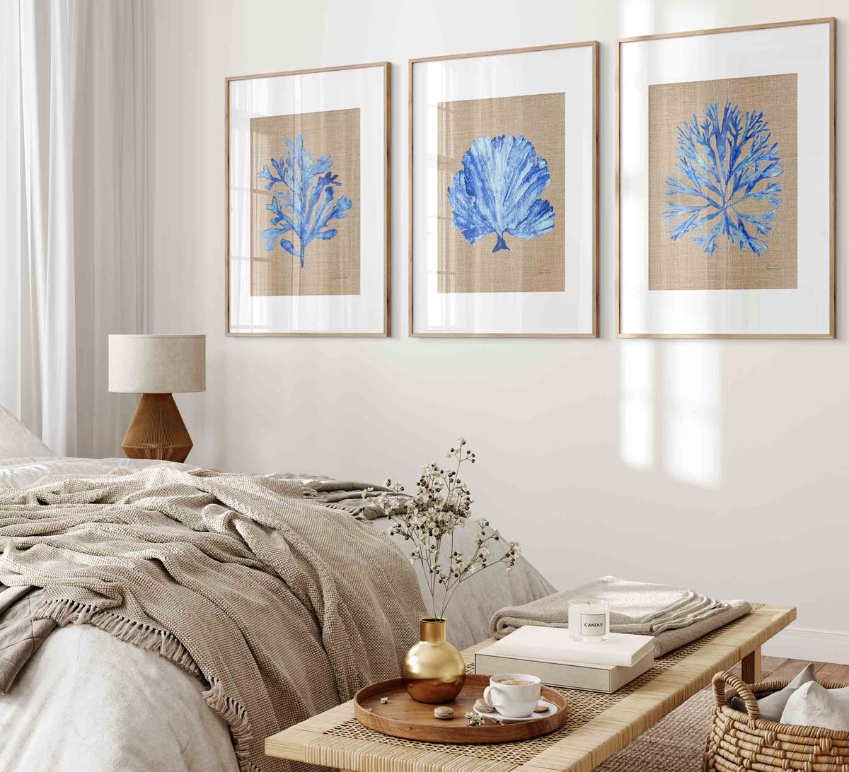 Coral Seaweed Set of 3 Prints in Cobalt Blue