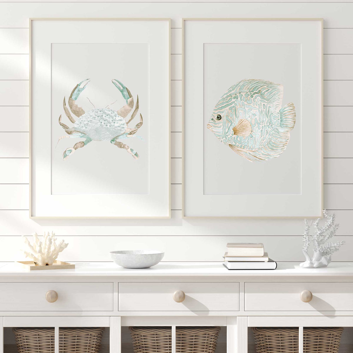 Green Beige Crab &amp; Discus Fish Wall Art - Set of 2 Prints
