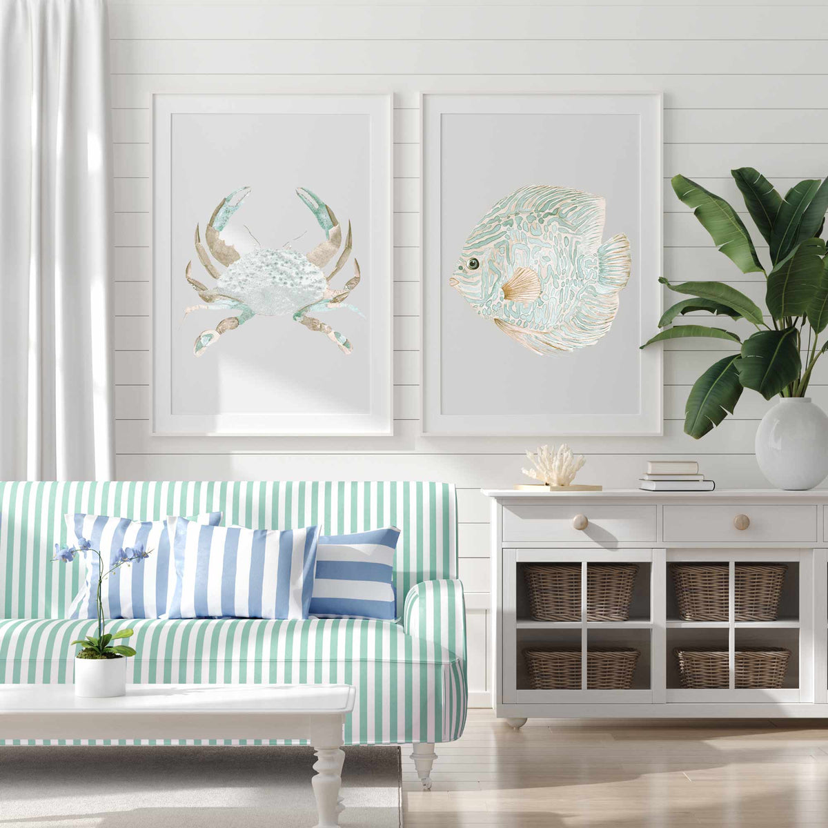 Green Beige Crab &amp; Discus Fish Wall Art - Set of 2 Prints