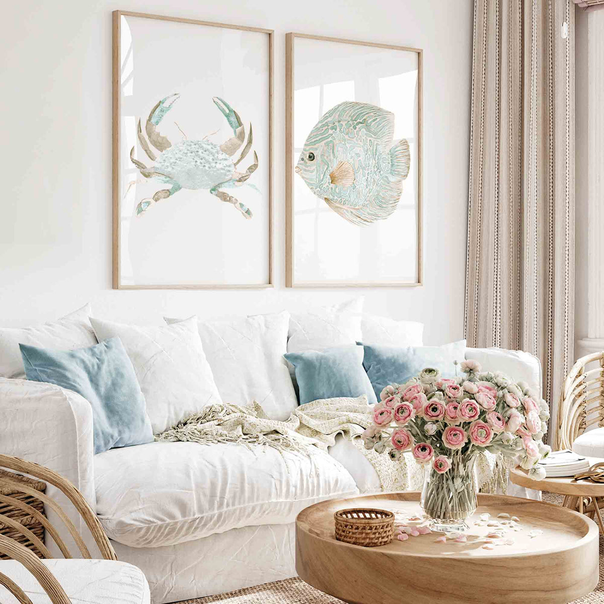 Green Beige Crab &amp; Discus Fish Wall Art - Set of 2 Prints